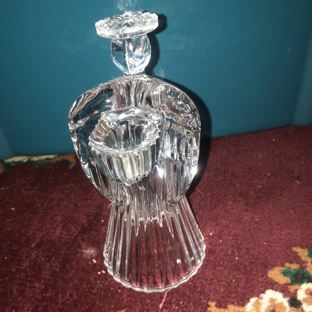 Elegant Clear crystal angel candleholder, wings,halo, hands togeather . Preloved